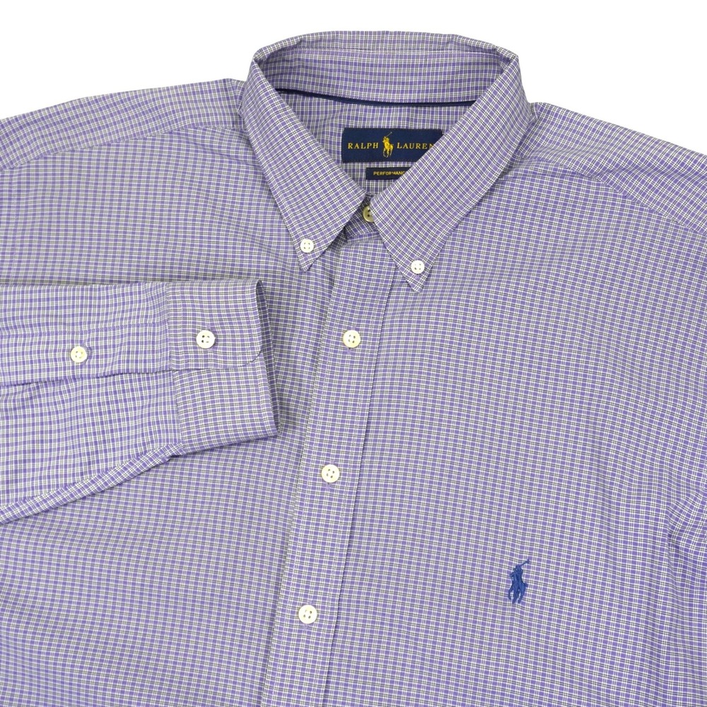 Ralph Lauren Button Down Shirt Mens XLT Purple Check Performance Long Sleeve